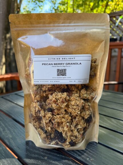 Pecan Berry Granola pouch from Citrine Delight – front of packaging with pecans and dried berries