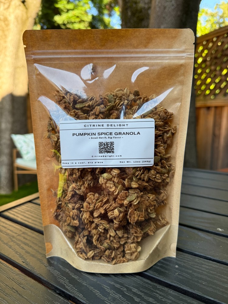 Pumpkin Spice Granola pouch from Citrine Delight – front of packaging with warm-toned granola and autumn spices