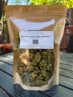 Matcha Pistachio Granola pouch from Citrine Delight – front of packaging with green granola clusters and pistachios