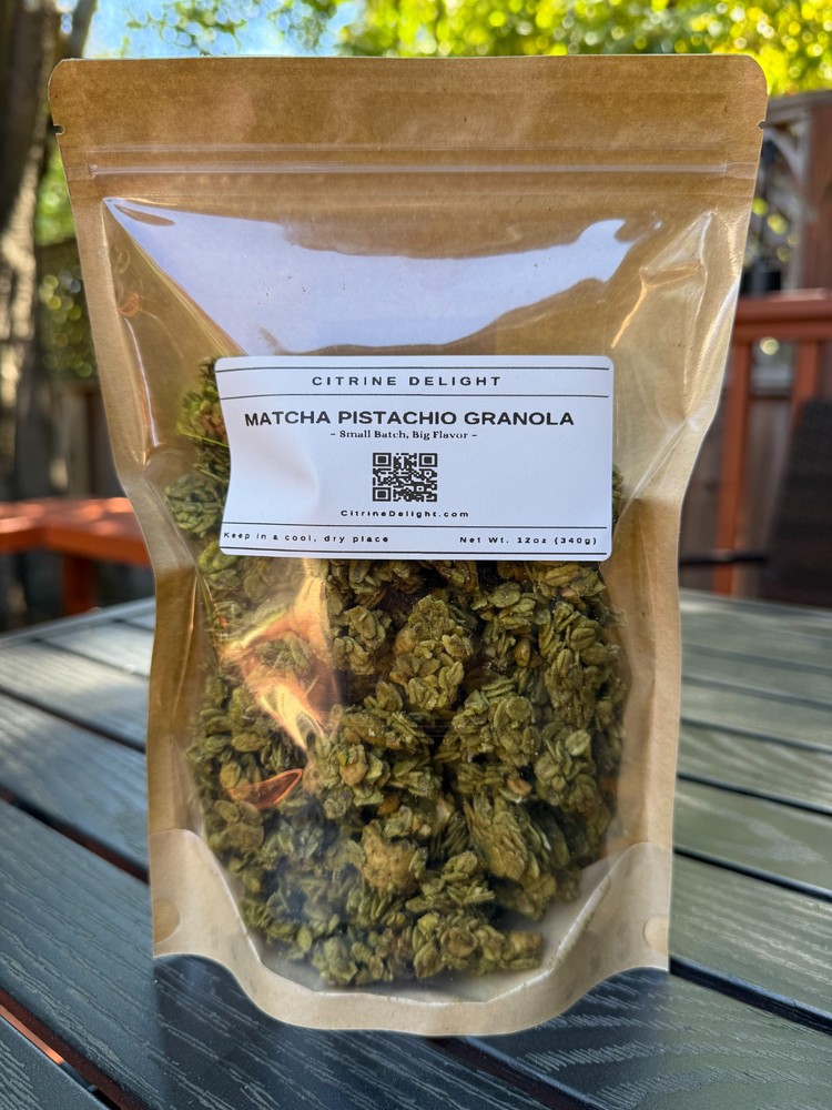 Matcha Pistachio Granola pouch from Citrine Delight – front of packaging with green granola clusters and pistachios