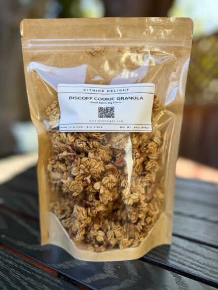 Biscoff Cookie Granola with pecans and organic oats in a clear pouc