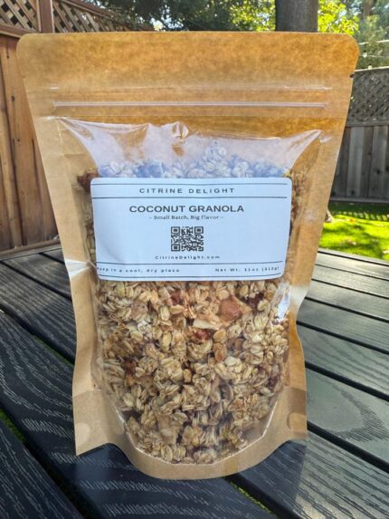 Coconut Granola pouch from Citrine Delight – front of packaging with toasted coconut flakes and granola clusters
