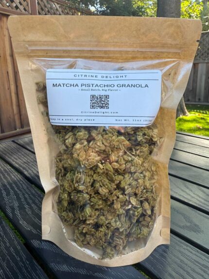 Matcha Pistachio Granola pouch from Citrine Delight – front of packaging with green granola clusters and pistachios