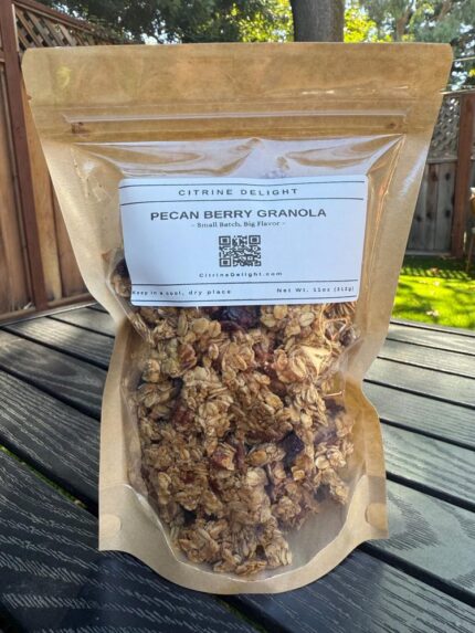 Pecan Berry Granola pouch from Citrine Delight – front of packaging with pecans and dried berries