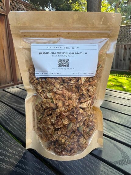 Pumpkin Spice Granola pouch from Citrine Delight – front of packaging with warm-toned granola and autumn spices