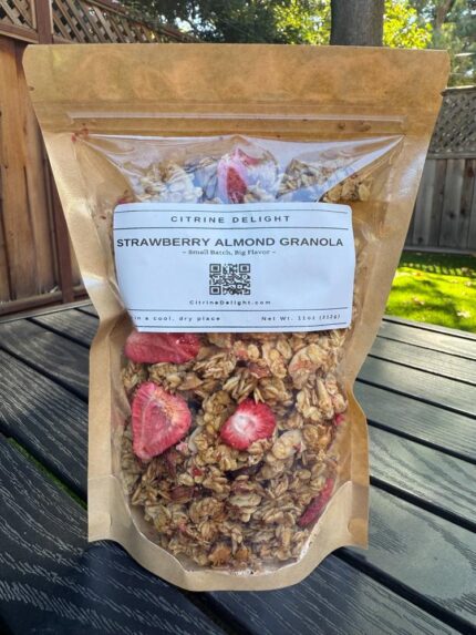 Strawberry Almond Granola pouch from Citrine Delight – front of packaging with freeze-dried strawberries and almonds