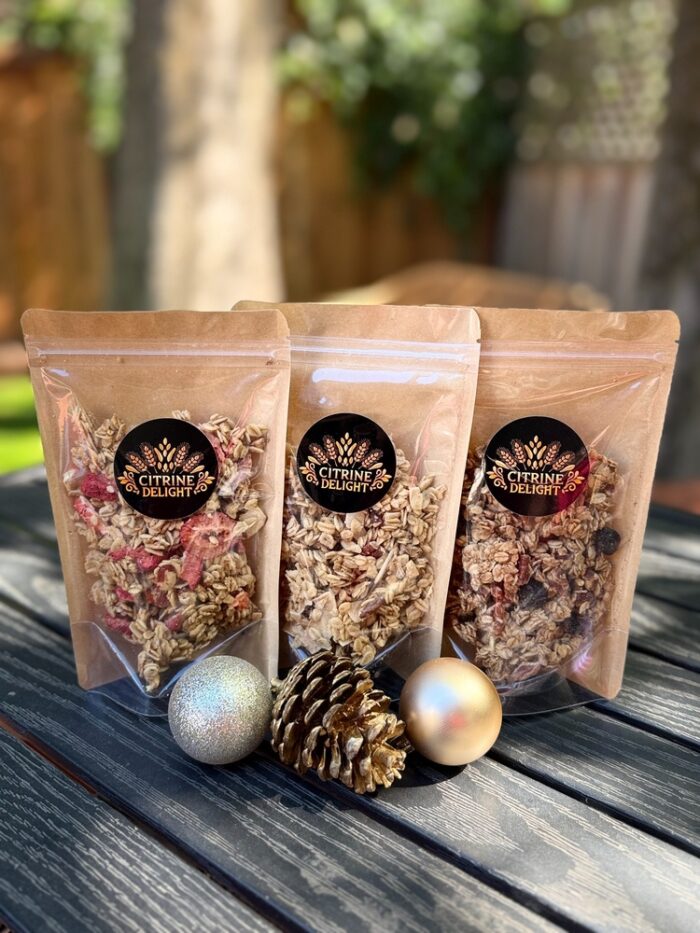 Citrine Delight Strawberry Almond, Coconut and Pecan Berry granola pouches in a row with holiday ornaments on a wood table.