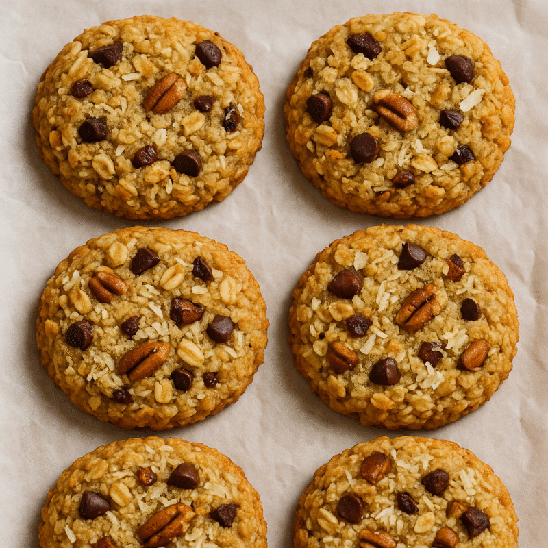 Golden brown coconut granola cookies made with Citrine Delight Coconut Granola, oats, and maple syrup on parchment paper.