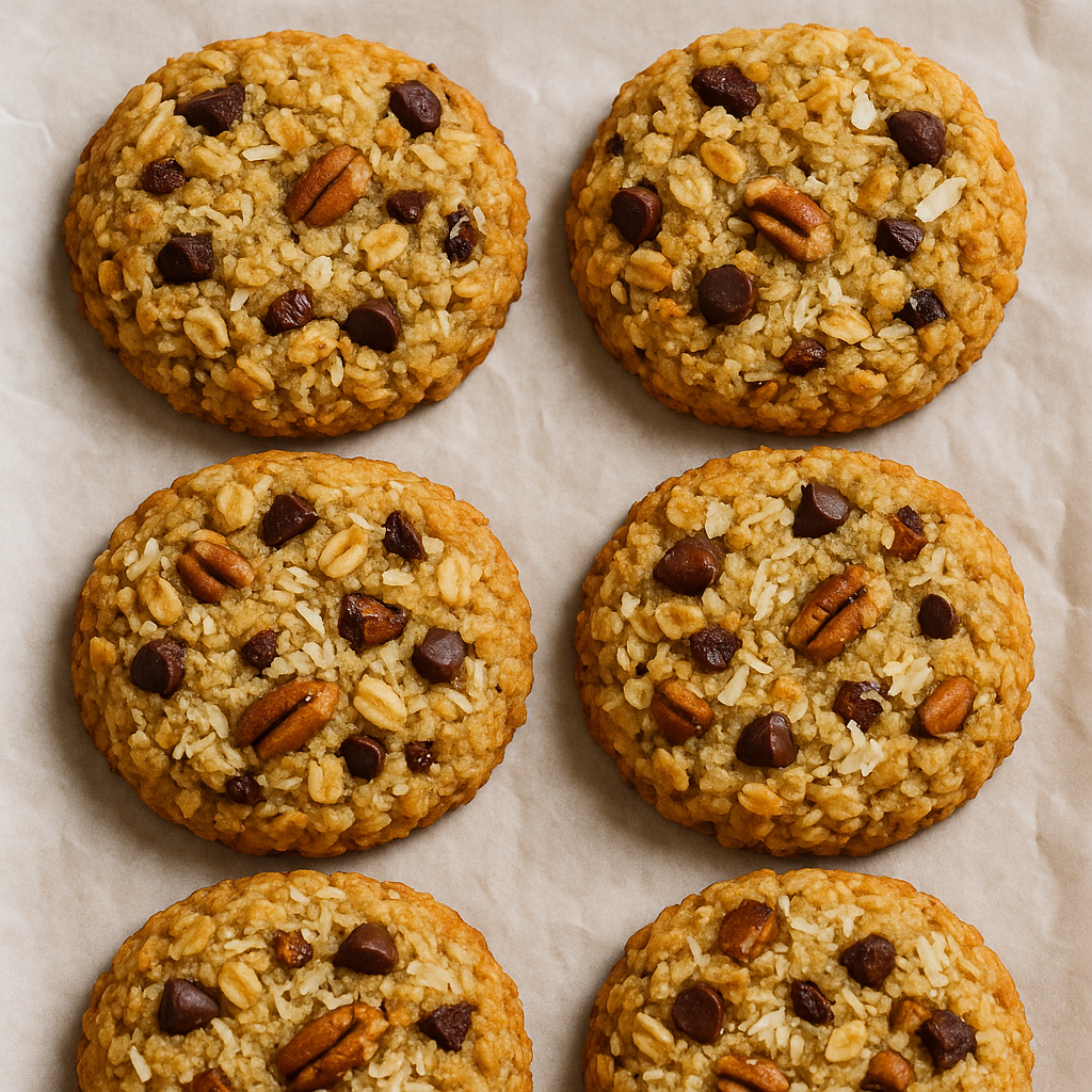 Golden brown coconut granola cookies made with Citrine Delight Coconut Granola, oats, and maple syrup on parchment paper.