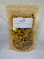 Golden Glow Granola pouch from Citrine Delight – front of packaging on rustic background