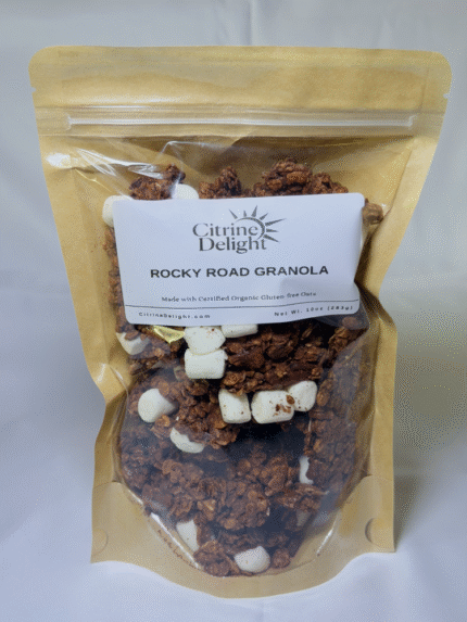 Rocky Road Granola pouch from Citrine Delight – front of packaging with chocolate oat clusters and mini marshmallows